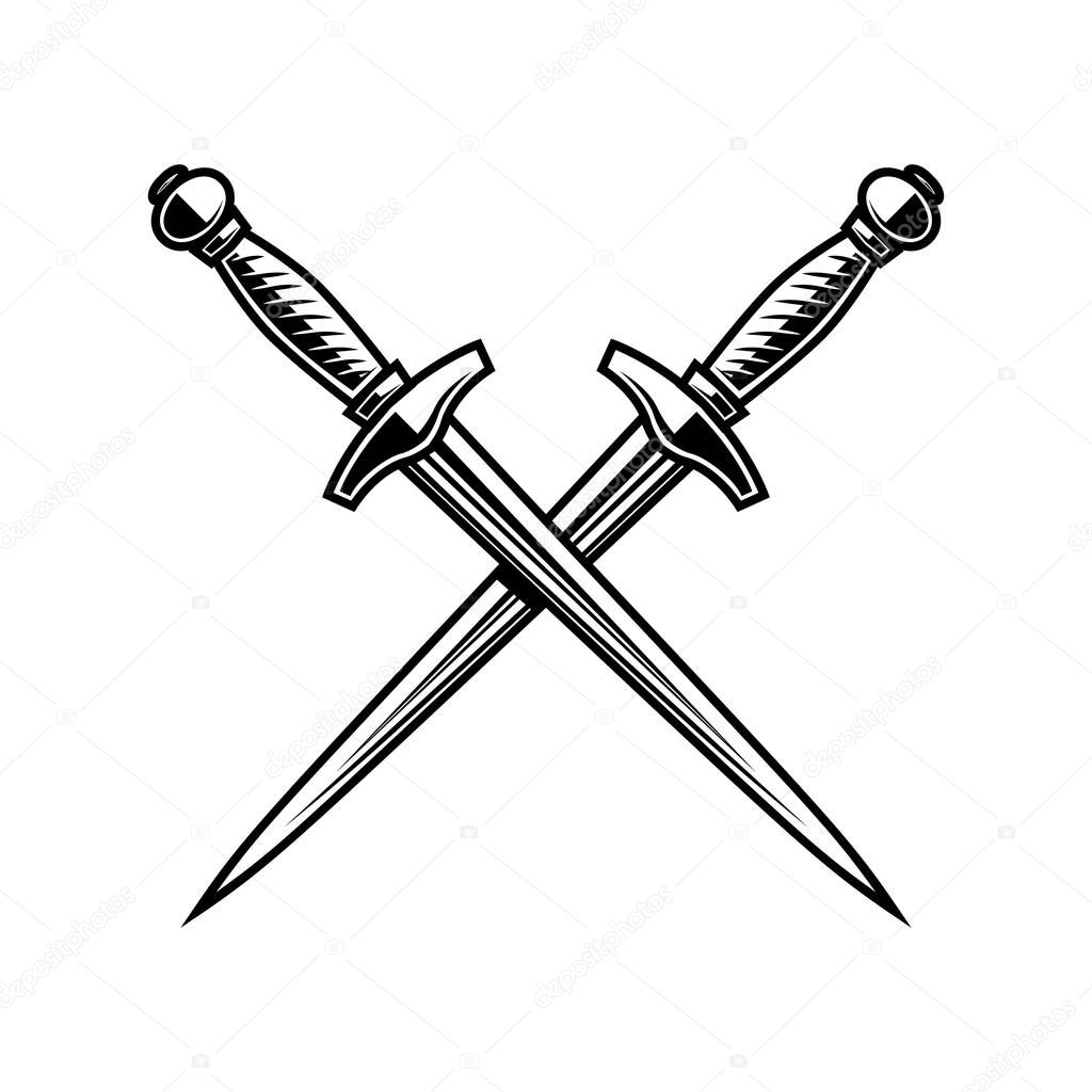 Illustration of crossed daggers in engraving style. Design element for logo, label, emblem, sign. Vector illustration