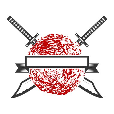 Çapraz katana kılıçlarıyla amblem. Logo, etiket, tabela, poster ve tişört için tasarım elemanı. Vektör illüstrasyonu