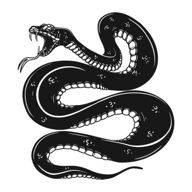 İşleme tarzında zehirli yılan tasviri. Logo, etiket, amblem, işaret, rozet tasarımı. Vektör illüstrasyonu