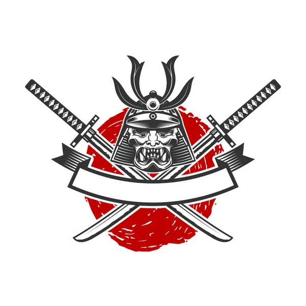 Emblem Mit Samurai Helm Und Gekreuzten Katana Schwertern Gestaltungselement Für — Stockvektor