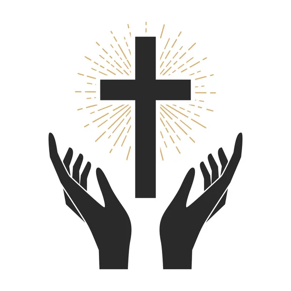 Hands Shining Holy Cross Design Element Logo Label Emblem Sign — Stock Vector