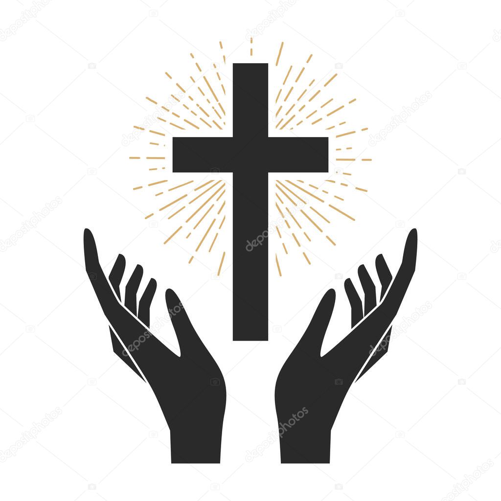 Hands with shining holy cross. Design element for logo, label, emblem, sign, badge. Vector illustration