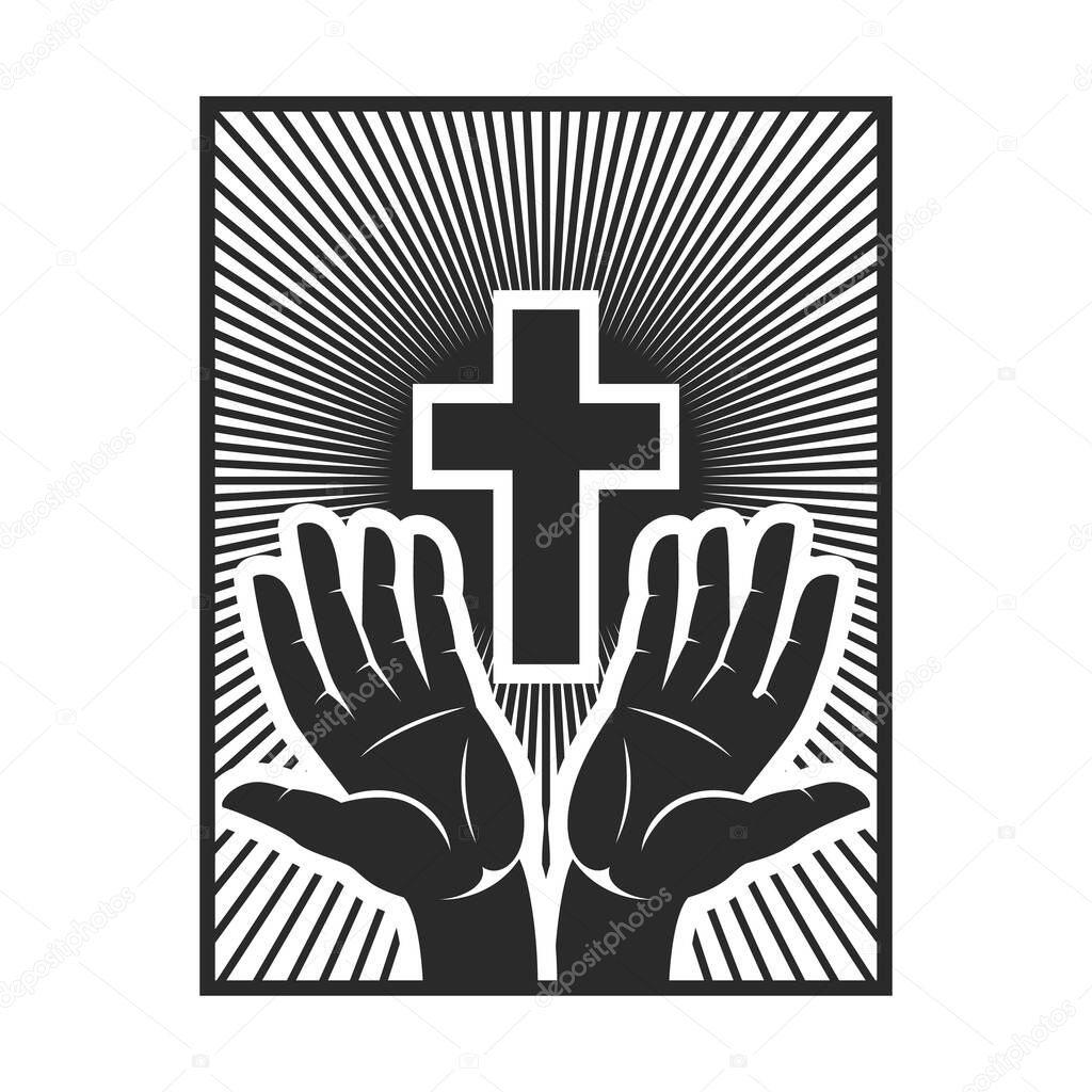 Hands with shining holy cross. Design element for logo, label, emblem, sign, badge. Vector illustration