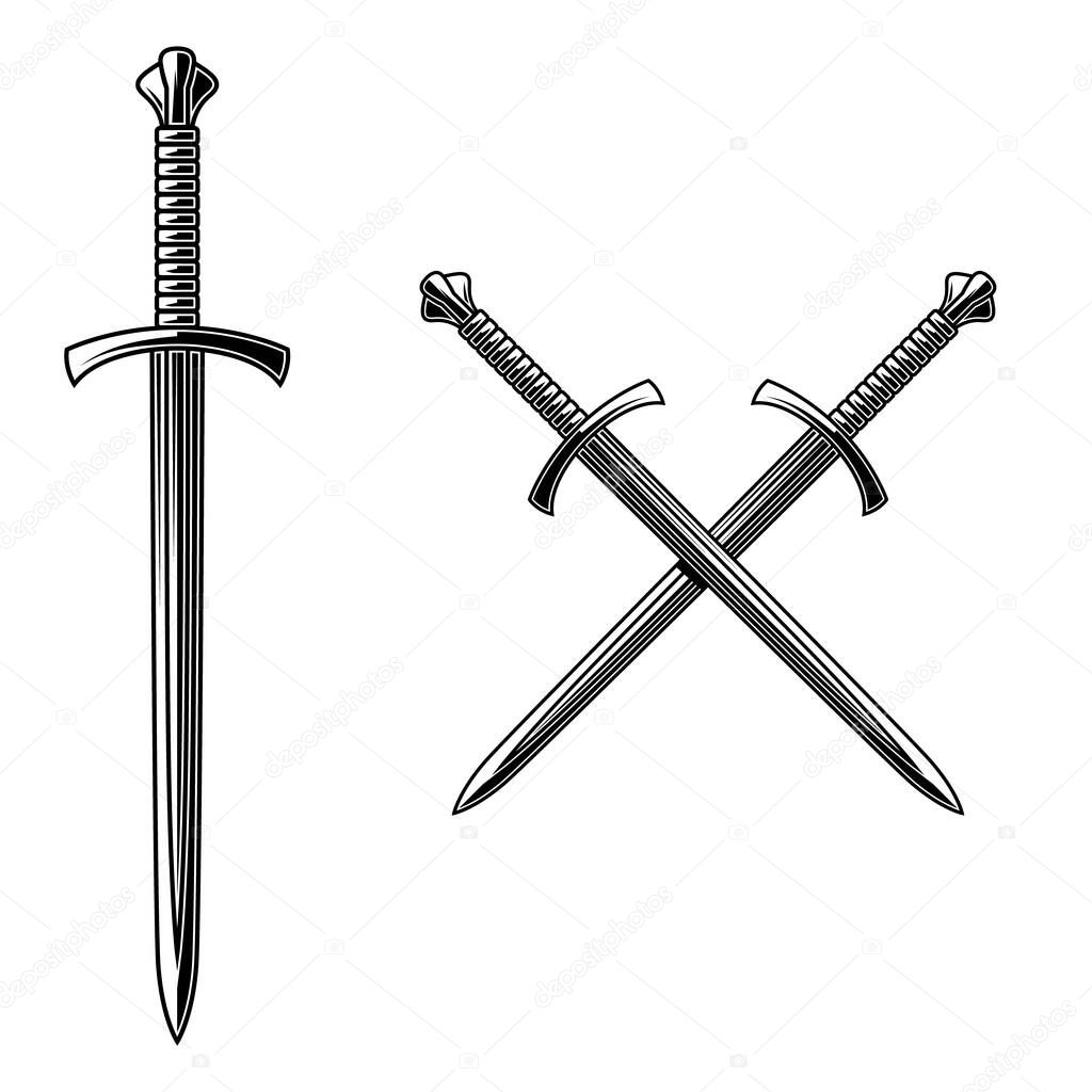 Illustration of crossed daggers in engraving style. Design element for logo, label, emblem, sign. Vector illustration