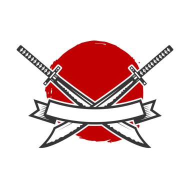 Çapraz katana kılıçlarıyla amblem. Logo, etiket, tabela, poster ve tişört için tasarım elemanı. Vektör illüstrasyonu
