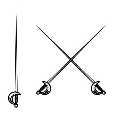 Beyaz arka planda izole edilmiş çapraz kılıç. Logo, etiket, işaret, rozet için tasarım elemanı. Vektör illüstrasyonu