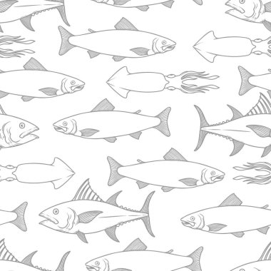 Seamless pattern with seafood. Design element for poster, card, banner, t shirt. Vector illustration