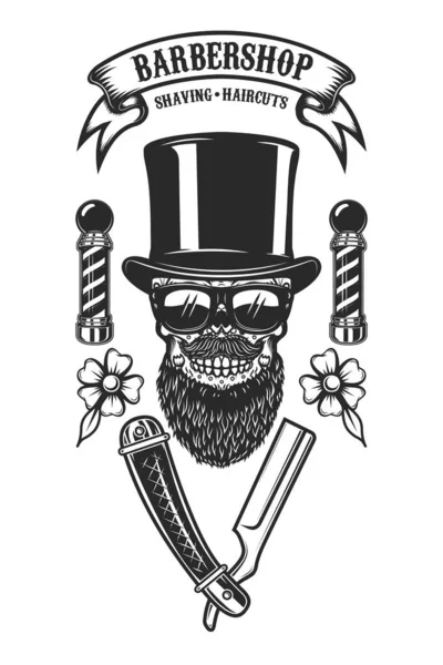 Barbershop Poster Template Bearded Mexican Sugar Skull Barber Blades Design — Vector de stock