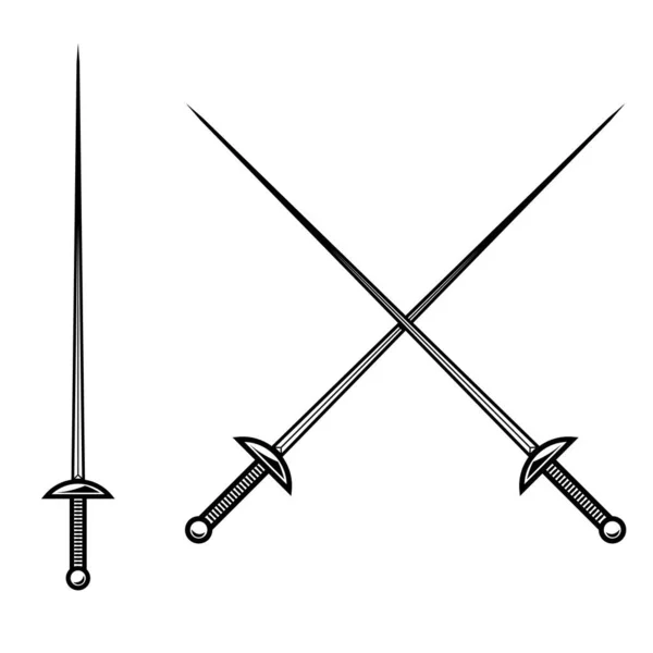 Crossed Fencing Swords Isolated White Background Design Element Logo Label —  Vetores de Stock
