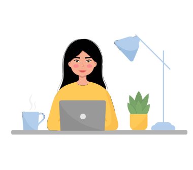 Laptop vektör çizimi olan bir kız. Çalışma masasında oturan ve dizüstü bilgisayarda çalışan bir kadın. Düz stil, kartondan karakter.