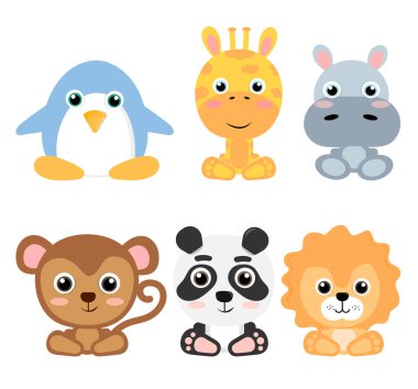 Bir grup sevimli egzotik hayvan: penguen, su aygırı, zürafa, maymun, aslan, panda. Yavru hayvan vektör çizimi. Çizgi film karakterleri.