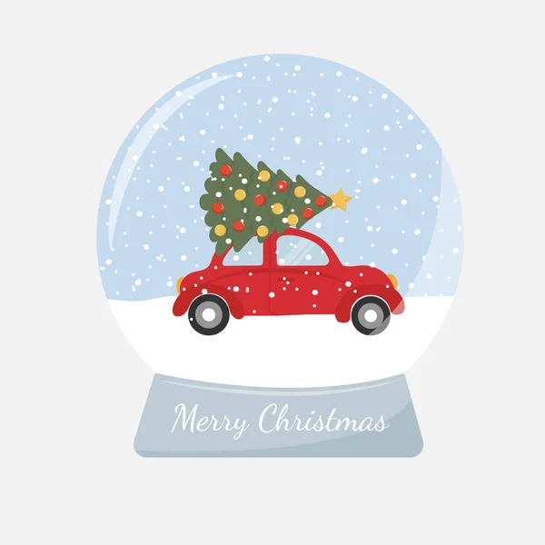 İçinde araba olan cam kar topu ve vektör illüstrasyonunda Noel ağacı. Düz stil Noel illüstrasyonu.