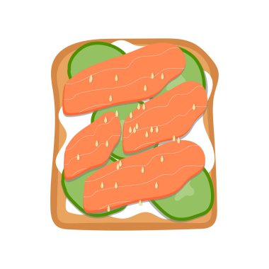 Sağlıklı yiyecekler. Somon dilimleri ve salatalık vektör resimli tost..