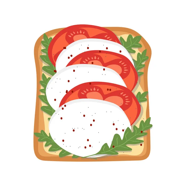 Sağlıklı yiyecekler. Domatesli tost ve beyaz peynir vektör çizimi. Caprese sandviç.