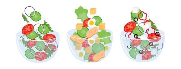 Set Van Verschillende Salades Caesar Griekse Groentesalades Platte Vectorillustratie — Stockvector