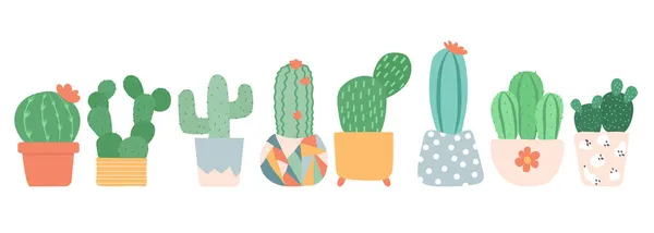 Uppsättning Olika Typer Kaktusväxter Färgade Krukor Vektorillustration Platt Stil — Stock vektor