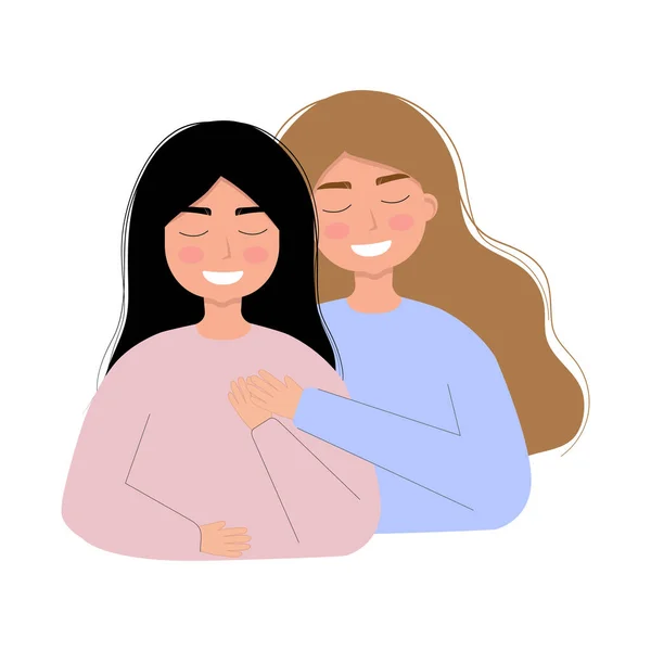 Mujeres Abrazándose Entre Vector Ilustración Plana Concepto Amistad Cuidado Amor — Vector de stock