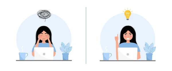 Mujer Pensando Encontrando Solución Vector Plano Ilustración Solución Problemas Búsqueda — Archivo Imágenes Vectoriales