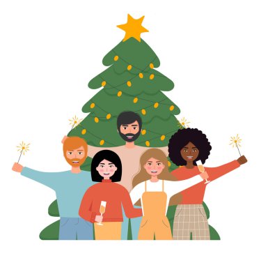 Yeni yıl ve noel partisi vektörü düz çizim. İnsanlar Noel ağacının yanında farklı etnik kökenlere sahip farklı yüzlere sahipler. Çizgi film karakterleri.