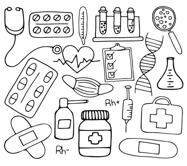 Hand Drawn Medicine Icon Set Medical Doodle Elements Isolated White — Stock Vector