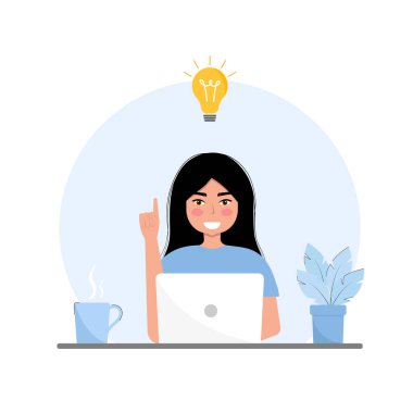 Young woman sitting with laptop having great idea Vector flat Illustration.