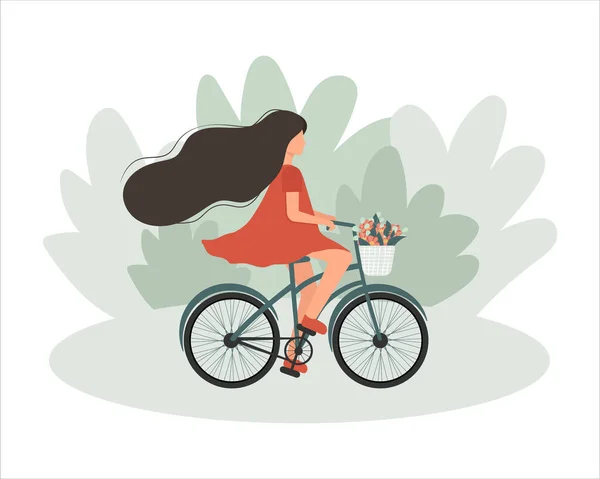 Mujer Vestido Rojo Montar Bicicleta Vector Plana Ilustración Concepto Actividad — Vector de stock