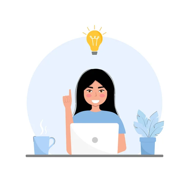 Young Woman Sitting Laptop Having Great Idea Vector Flat Illustration — Wektor stockowy