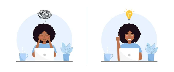 Zwarte Vrouw Denken Vinden Oplossing Vector Platte Illustratie Probleemoplossing Oplossingsconcept — Stockvector
