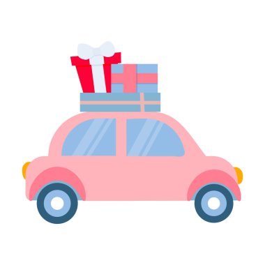 Hediye yığını ve hediye kutularıyla dolu pembe bir araba. Sevgililer Günü elementleri. Vektör Düz Çizim.