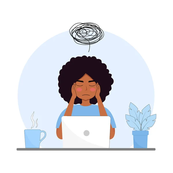 Black Woman Thinking Vector Flat Illustration Woman Trying Find Solution — стоковый вектор