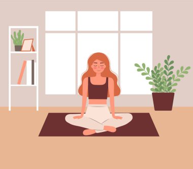 Lotus pozisyonunda oturan kadın yoga vektörü düz vektör çizimi üzerinde çalışıyor. Çizgi film karakteri.