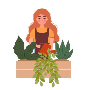 Çiçekleri sulandıran kadın vektör düz çizim. Çizgi film karakterleri. Gargara kavramı.