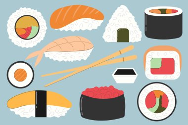 Suşi, Vector 'un düz resmini çizdi. Japon yemeği..