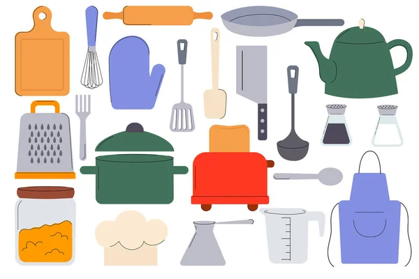 Mutfak aletleri: spatula, çaydanlık, çırpı, merdane, fırın eldiveni, kızartma tavası. Mutfak eşyaları, yemek pişirme ve pişirme aletleri.. 
