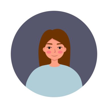 Yuvarlak çerçeveli güzel kadın portresi. Beyaz arka planda izole edilmiş kadın karakter Avatar 'ı. Düz vektör karikatür çizimi.