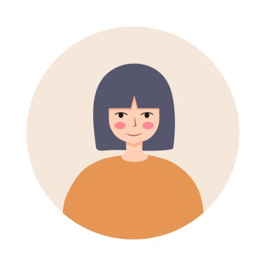 Yuvarlak çerçeveli güzel kadın portresi. Beyaz arka planda izole edilmiş kadın karakter Avatar 'ı. Düz vektör karikatür çizimi.