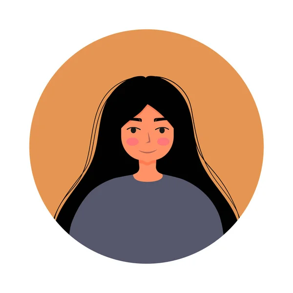 Yuvarlak çerçeveli güzel kadın portresi. Beyaz arka planda izole edilmiş kadın karakter Avatar 'ı. Düz vektör karikatür çizimi.