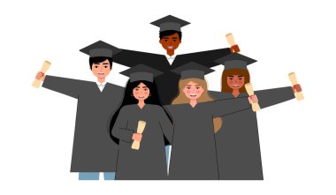 Öğrenciler mezuniyet günü vektör düz çizimini kutluyorlar. Önlük ve mezuniyet şapkası takan bir grup insan..