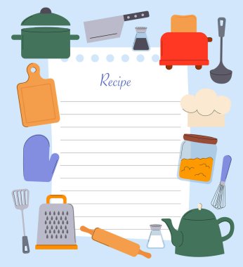 Mutfak gereçleri içeren tarif şablonu. Vektör Düz Çizim.
