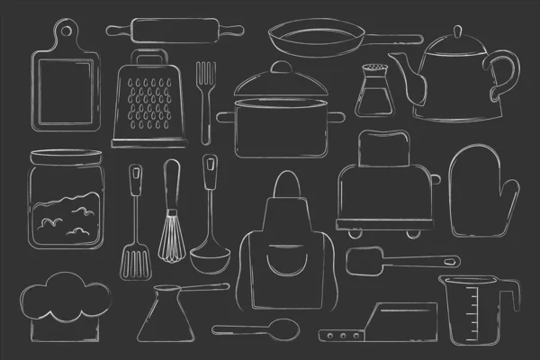 Кухонные Принадлежности Доске Векторной Иллюстрации Кухонная Утварь Иконы Черно Белом — стоковый вектор