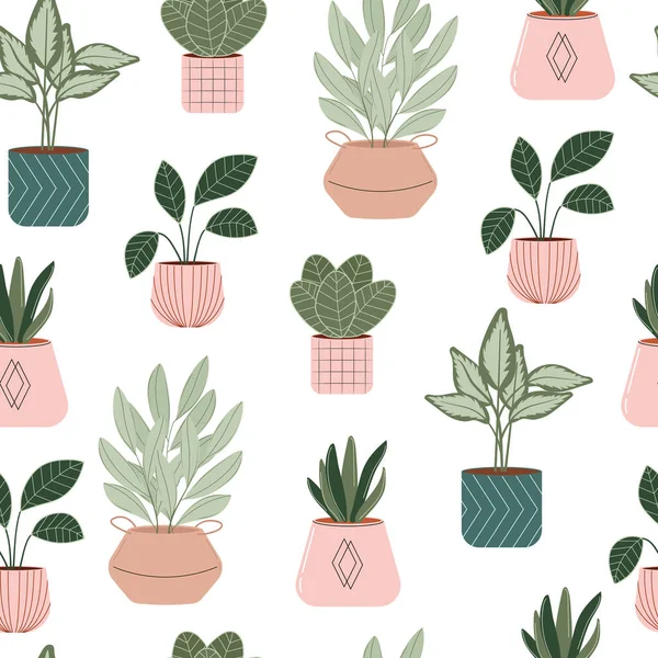 家はシームレスなパターンを植える 鉢植え ベクトル平イラスト — ストックベクタ