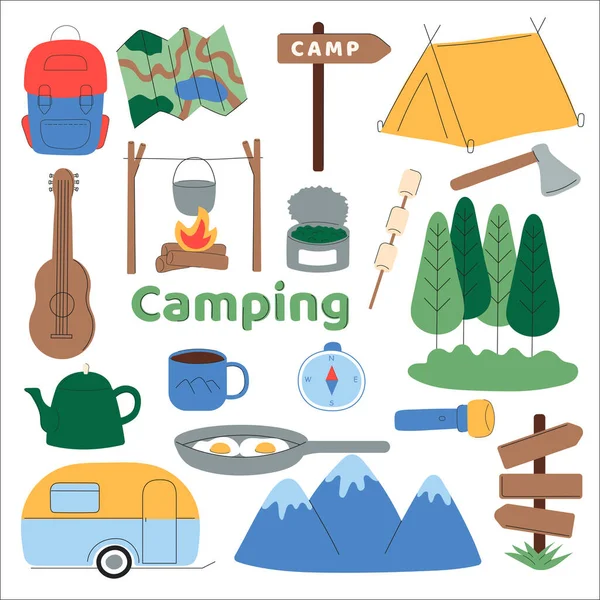 Turist kampı ekipmanı vektör düz çizim. Yaz kampı öğeleri: Sırt çantası, çadır, harita, kamp ateşi, karavan..