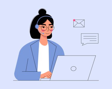 Laptoplu, kulaklıklı ve mikrofonlu kadın. Düz stil, çizgi film karakteri. Çevrimiçi Müşteri Desteği ve Yardım Masası konsepti.