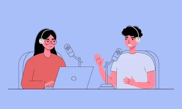 Live Streaming Podcast Vector Flat Illustration Two People Headphones Talking — Wektor stockowy