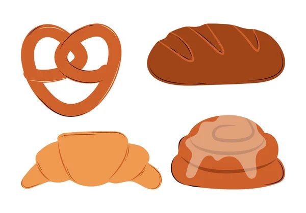 Bakery Products Bread Croissant Pretzel Cinnamon Roll Vector Flat Illustration — 스톡 벡터