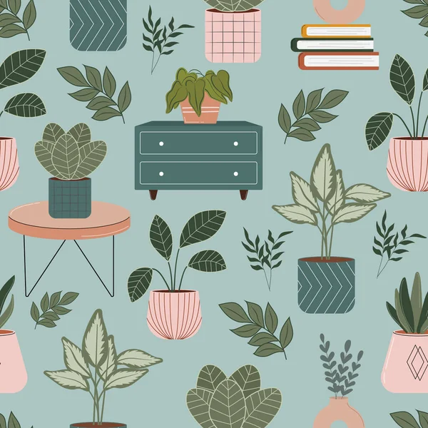 Potted plants seamless pattern. Houseplant in pot vector flat Illustration. House interior design.