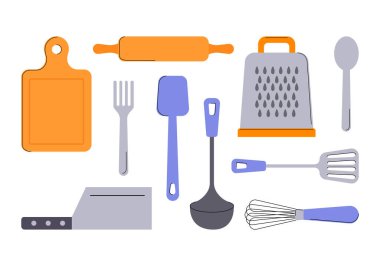 Mutfak Aletleri vektör düz Illustration. Mutfak gereçleri ve aletler. Spatula, çırpı, merdane, kaşık, çatal,
