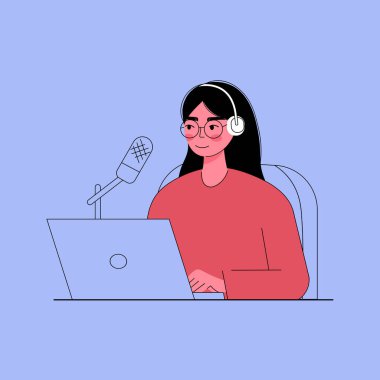 Canlı yayın, podcast vektör düz Illustration. Kulaklıklı bir kadın stüdyoda konuşuyor, podcast yapıyor..