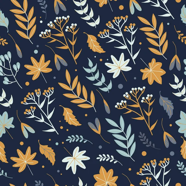 Naadloze herfst patroon met bladeren, kruiden en bloemen in aardse tinten op een donkere achtergrond, platte stijl. Voor behang, bedrukking op stof, verpakking, achtergrond, kleding. — Stockvector
