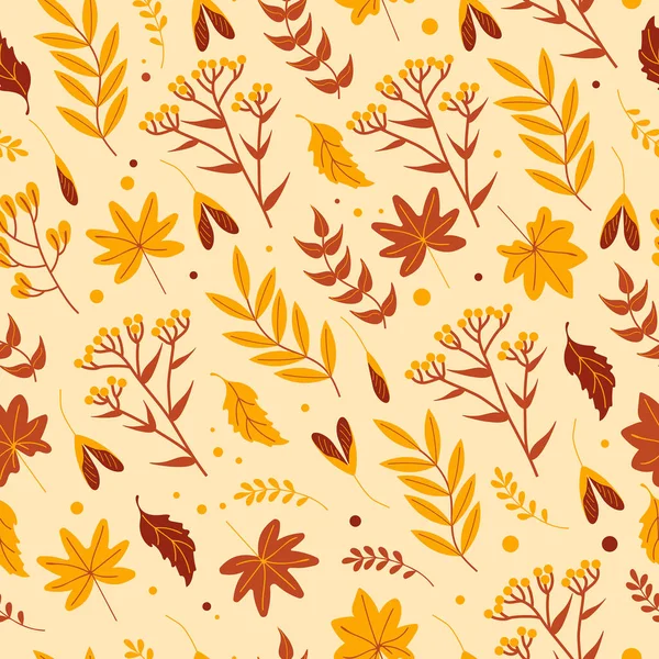 Απρόσκοπτη φθινοπωρινή μοτίβο με κίτρινα φύλλα, βότανα και λουλούδια σε πορτοκαλί τόνους σε μπεζ φόντο, επίπεδο στυλ. Για ταπετσαρία, εκτύπωση σε ύφασμα, περιτύλιγμα, φόντο, ρούχα — Διανυσματικό Αρχείο